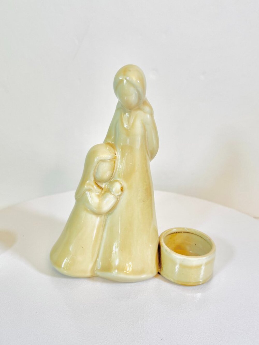 Mom & child Figurine Votive Candle Holder 5.5x6.5" Beige Ceramic Glazed